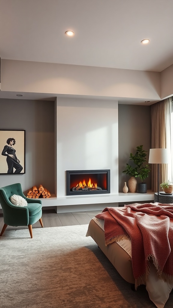 A modern bedroom featuring a wall-mounted fireplace, cozy chair, and warm decor.