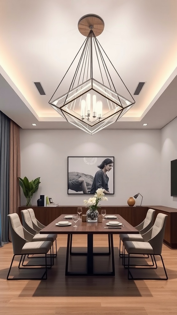 A modern geometric chandelier in a dining room with a wooden table and stylish chairs.
