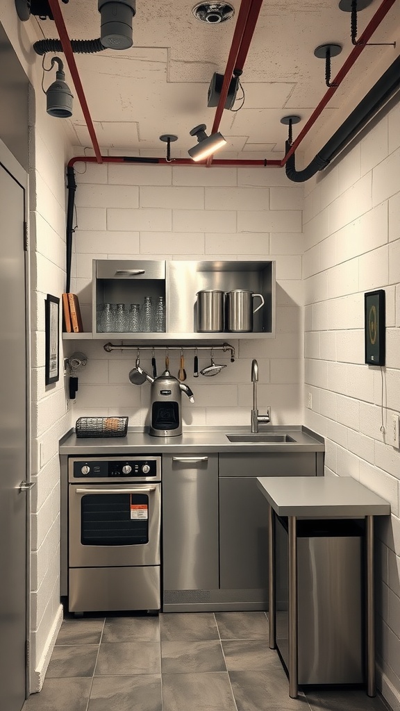 A modern kitchenette in a basement with stainless steel appliances and industrial lighting.