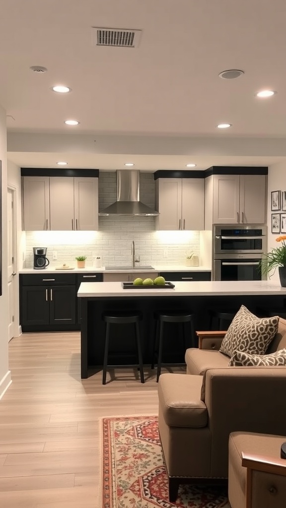 A modern kitchenette in a walkout basement, featuring gray and black cabinetry, a spacious island with seating, and warm lighting.