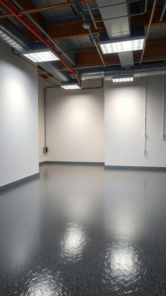 A modern basement with shiny metallic epoxy flooring.