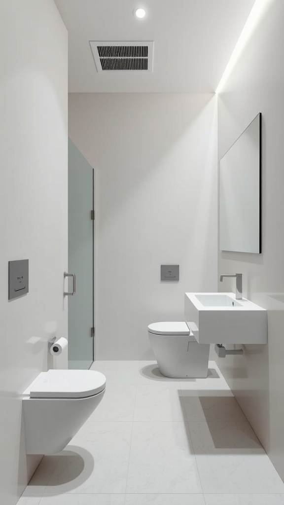 A modern minimalist basement bathroom featuring light colors, sleek fixtures, and a clean design.