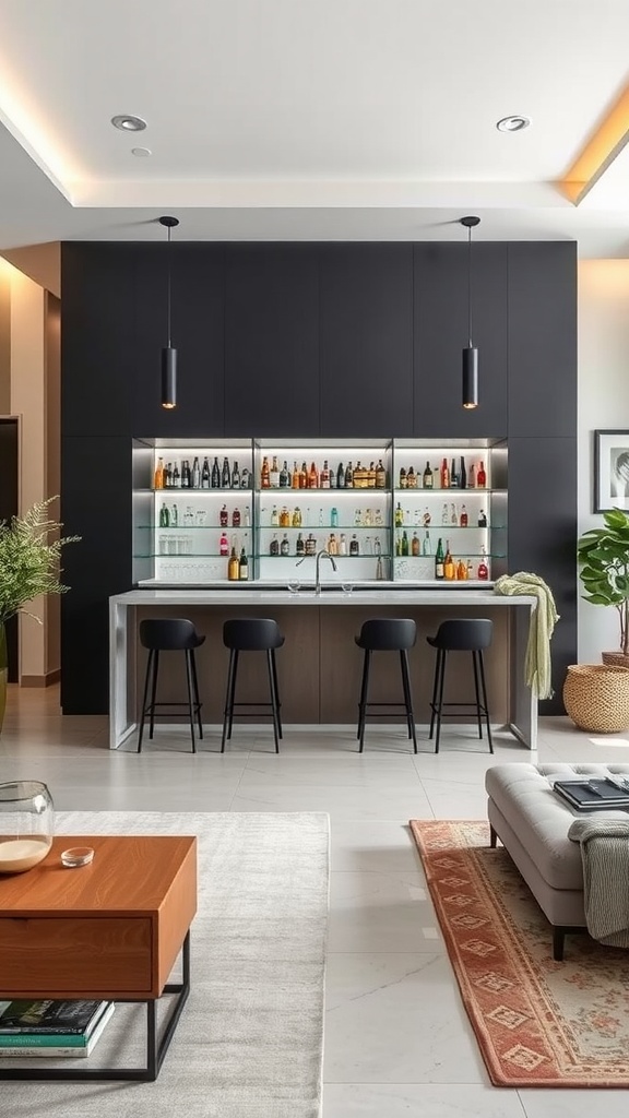 Modern minimalist bar design in a stylish living room with black cabinetry, glass shelves, and elegant lighting.