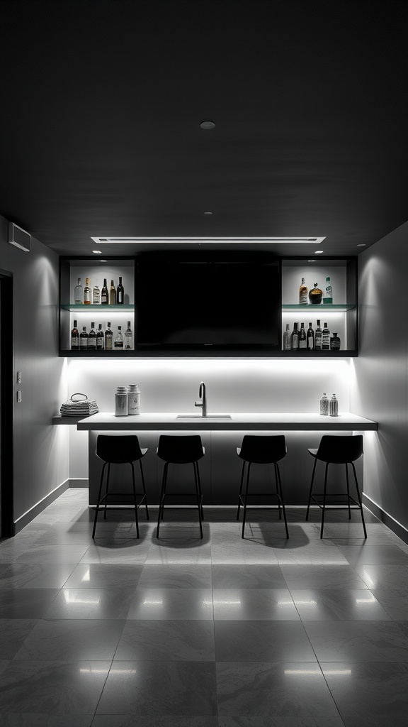 A modern minimalist basement bar featuring a sleek design with a clean countertop, backlit shelves displaying various liquor bottles, and stylish bar stools.