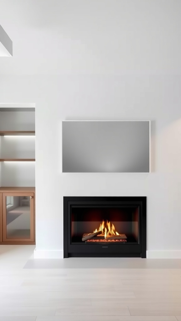 A modern minimalist basement fireplace with a sleek black frame and visible flames