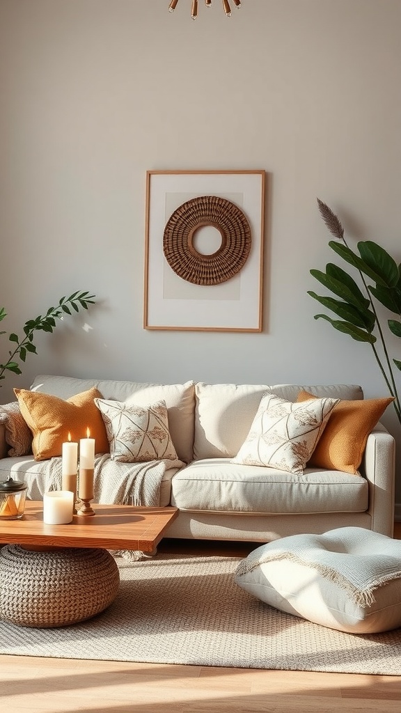 A modern boho living room featuring a light sofa, decorative cushions, candles, and plants.