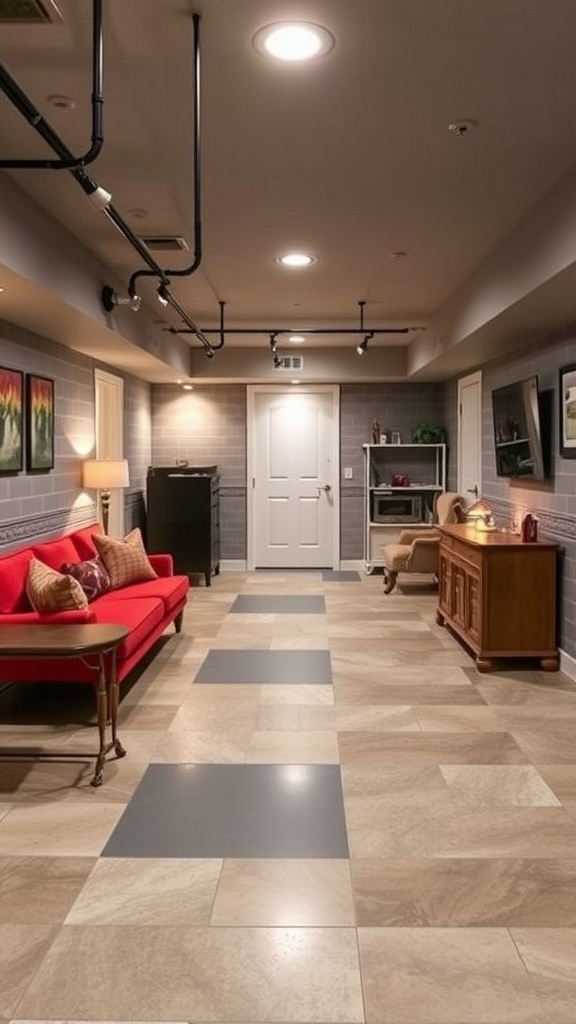 A modern multi-functional basement with a red sofa, neutral flooring, and bright lighting.