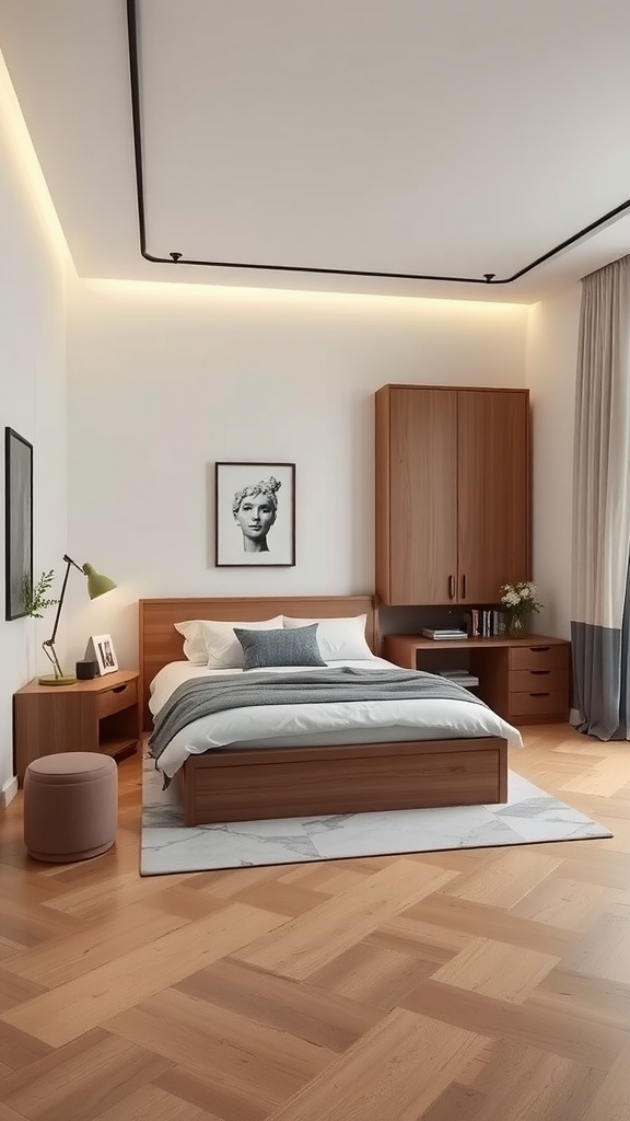 A spacious modern bedroom featuring a wooden bed with storage, a stylish nightstand, a desk for work, and a cozy pouf.