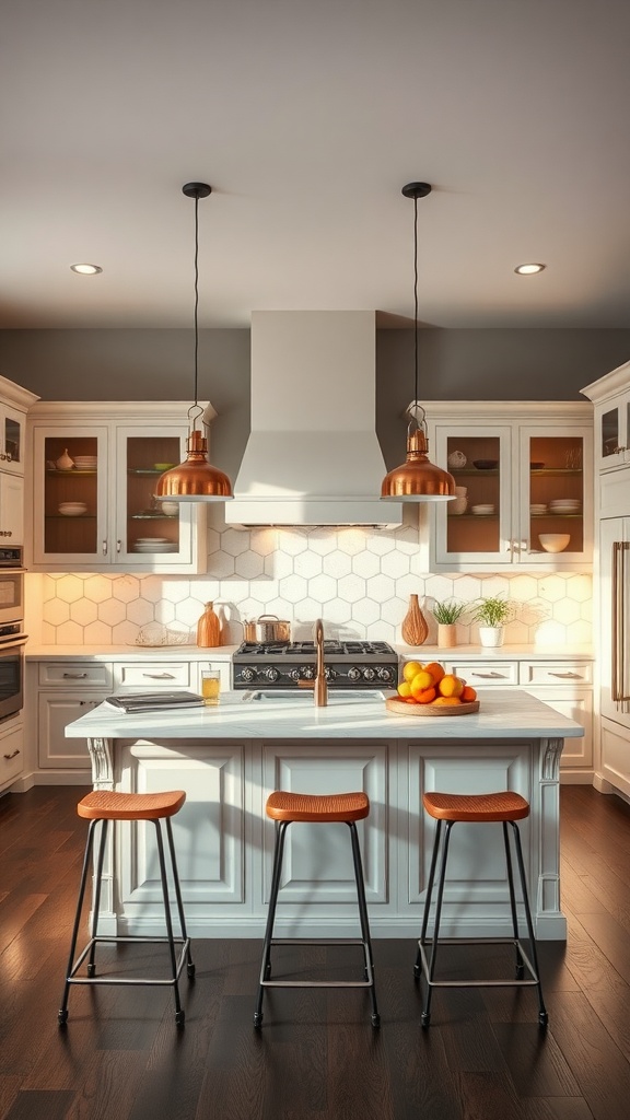 A modern kitchen with a multi-functional island, featuring copper pendant lights, stylish stools, and a fruit bowl.