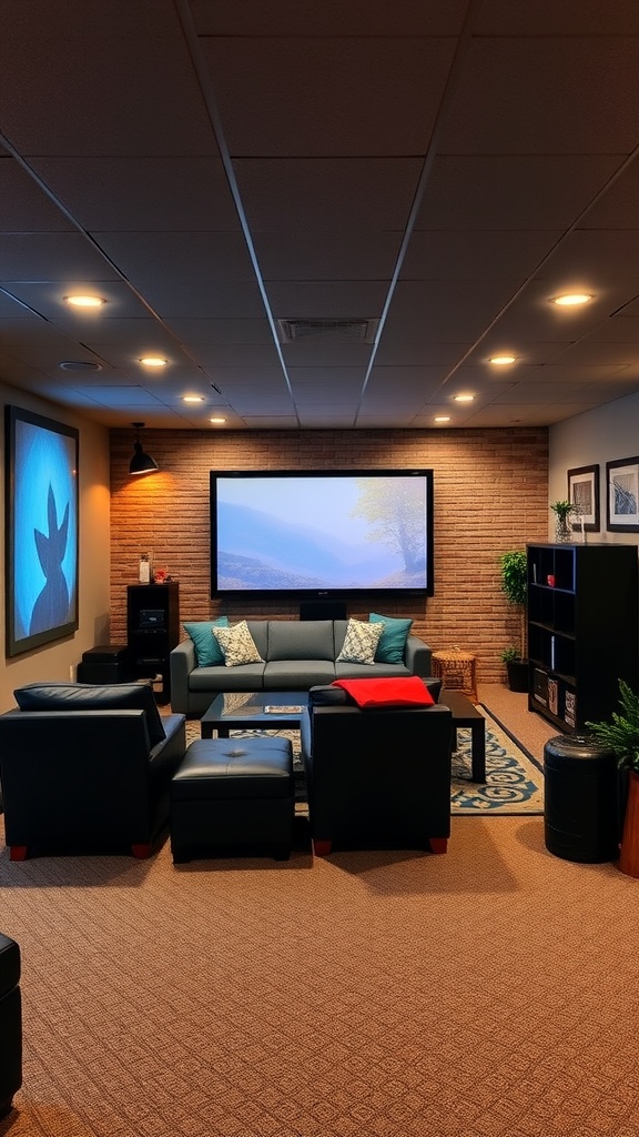 A modern basement entertainment space with a large screen, cozy seating, and warm lighting.
