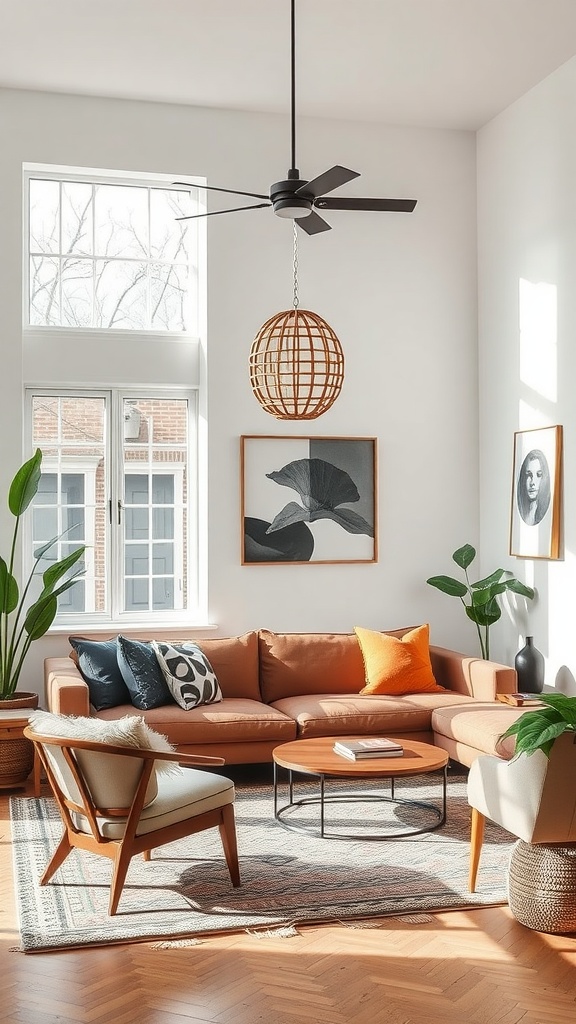 A modern boho living room featuring a warm-toned couch, stylish coffee table, and vibrant plants.