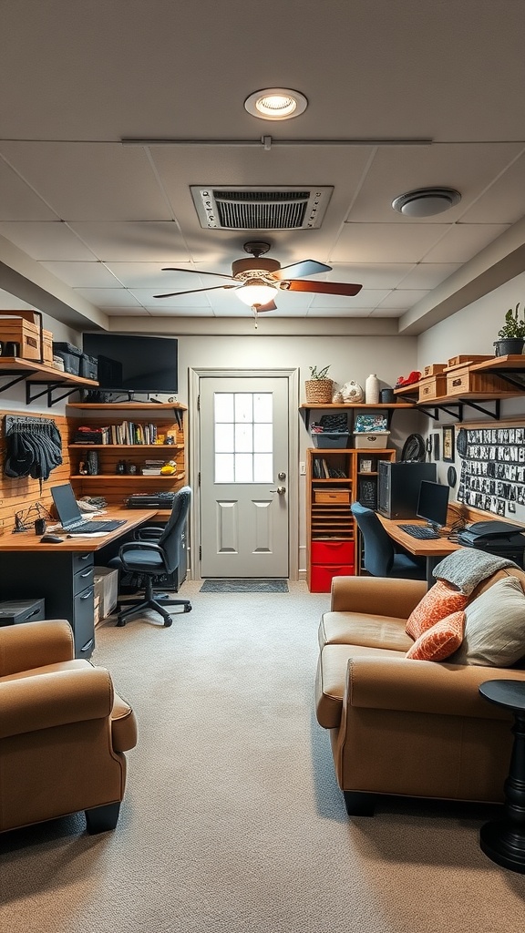 A cozy walkout basement featuring a dual-purpose workspace and leisure area, showcasing desks for work and comfortable seating for relaxation.