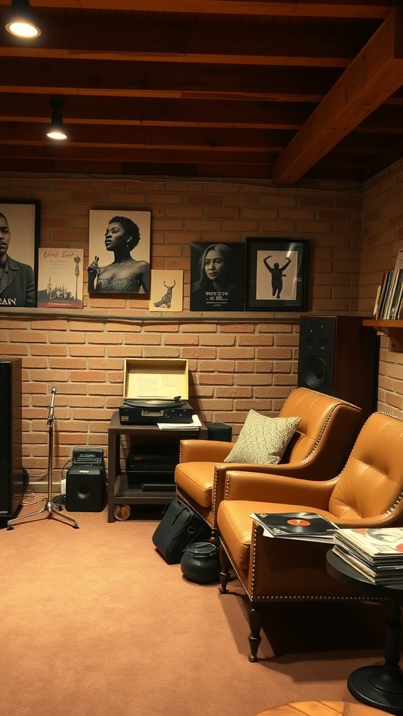 A cozy music listening lounge with leather chairs, a record player, and wall art featuring musicians.