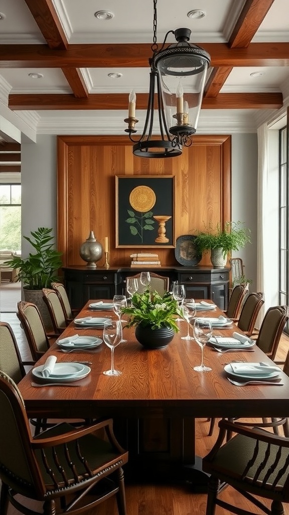 A formal dining room with a wooden table, elegant chairs, and natural greenery as decor.