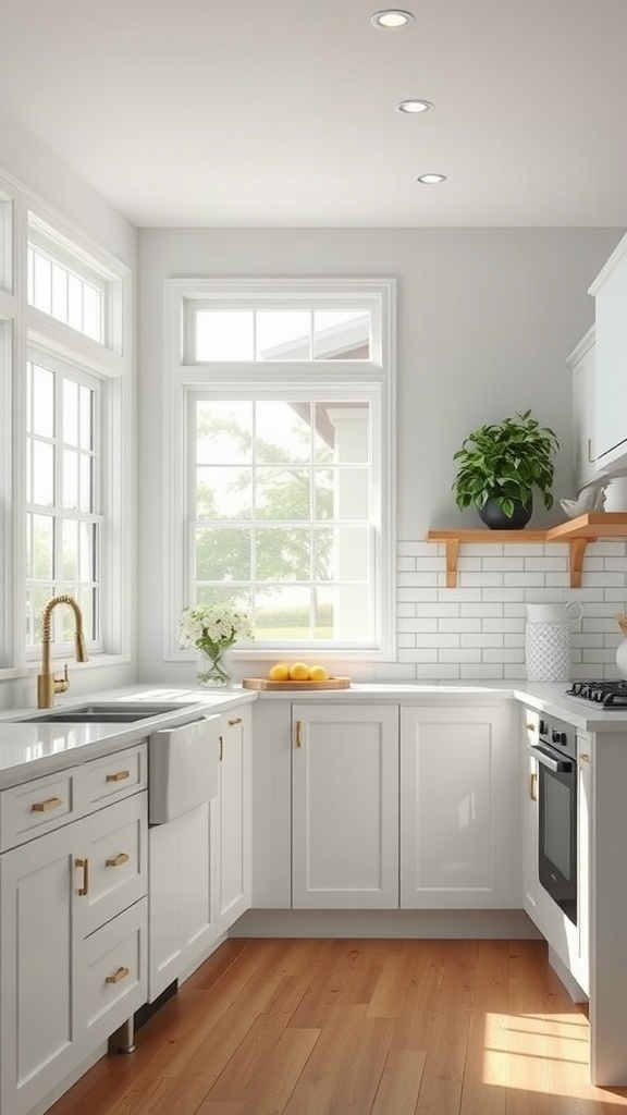 A bright kitchen with large windows, white cabinets, and wooden floors, featuring plants and lemons on the counter.