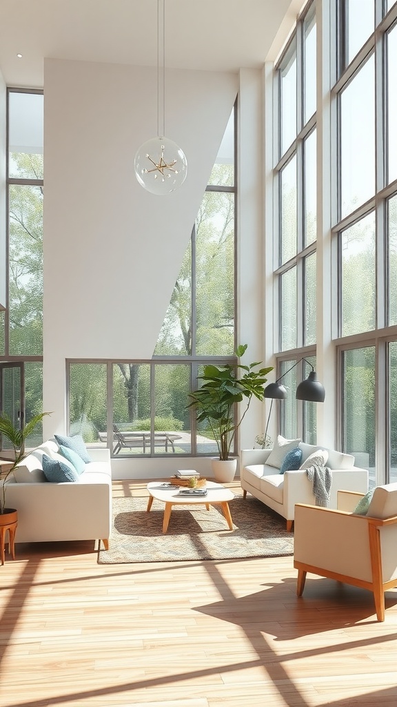 Bright and airy modern boho living room with large windows, wooden flooring, plants, and cozy furniture.