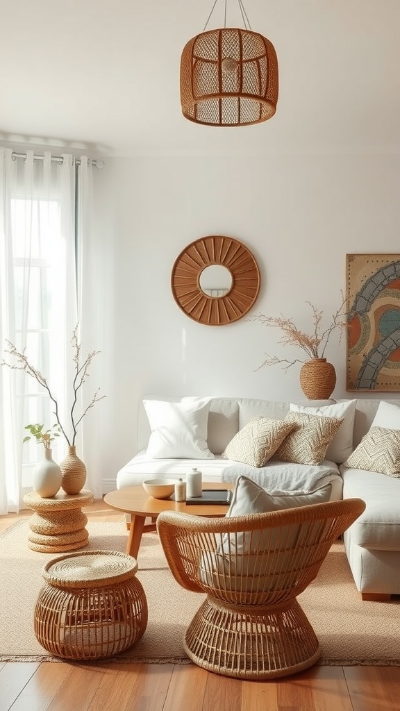 A modern boho living room featuring rattan furniture, soft textiles, and natural decor elements.