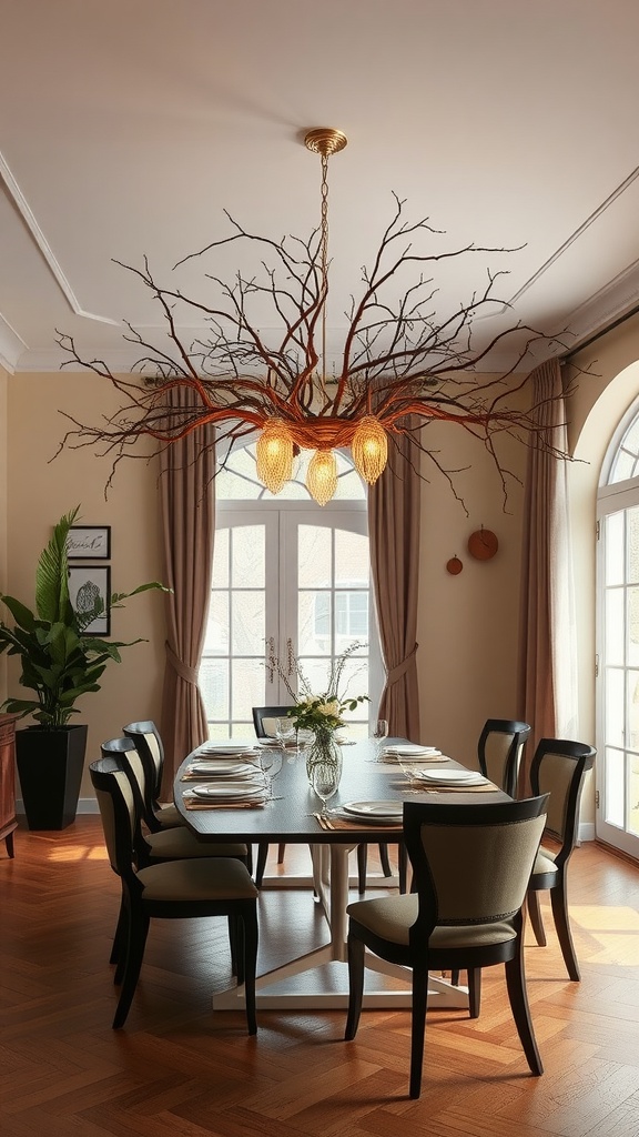 A nature-inspired chandelier resembling branches, illuminating a dining room with a wooden table and elegant chairs.