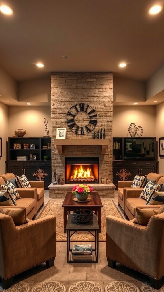 Cozy open-concept basement with a stone fireplace, modern seating, and warm lighting.