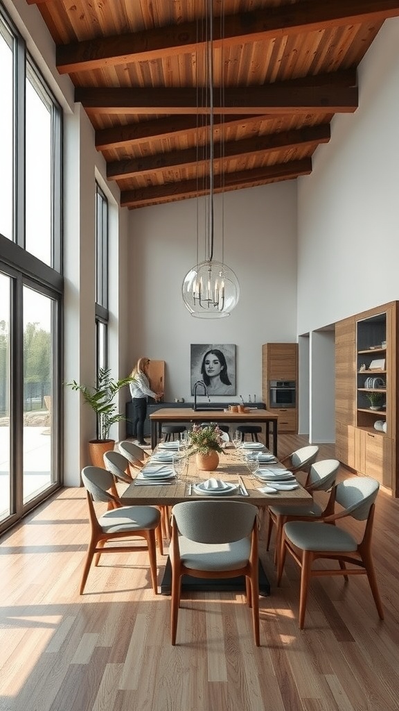 A modern open concept dining room featuring a large table, comfortable chairs, and bright windows