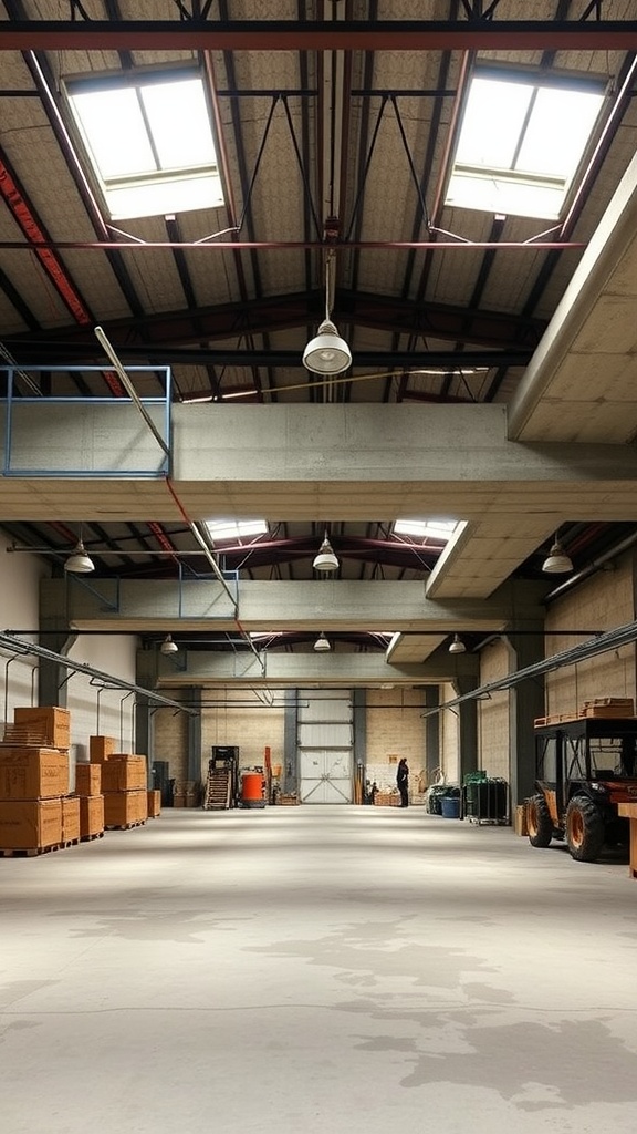 An industrial basement featuring an open concept layout with high ceilings and skylights, showcasing versatility in design.