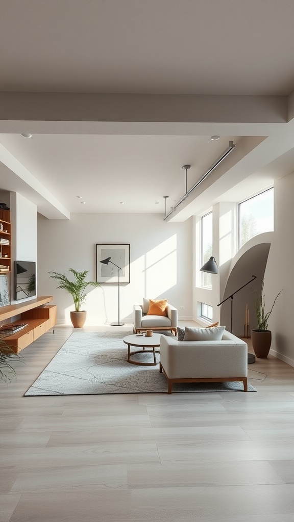 Modern open concept living room featuring large windows, neutral decor, and plants.