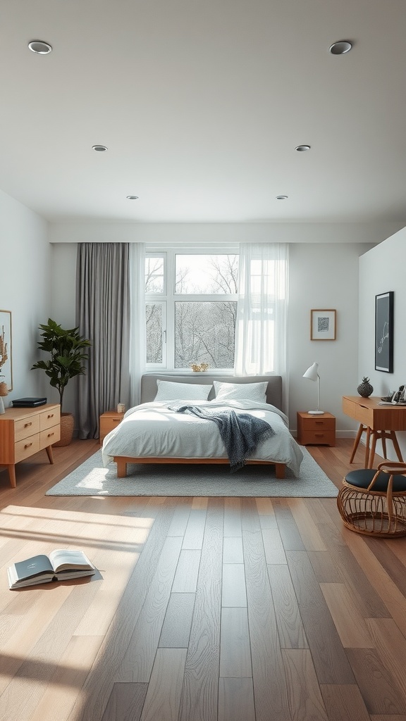 A spacious and bright bedroom with an open layout, featuring large windows, wooden furniture, and a cozy atmosphere.