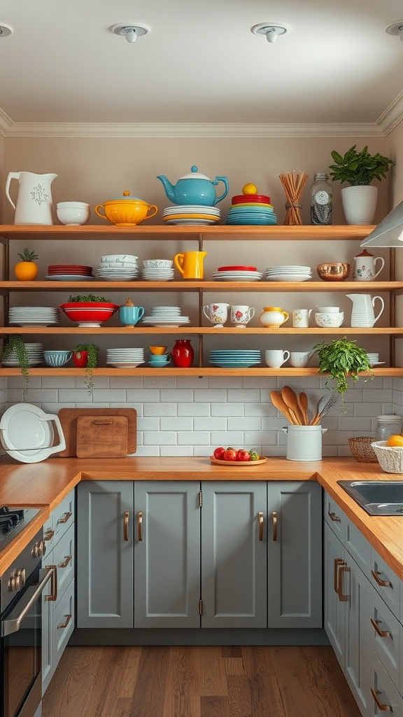 A kitchen featuring open shelving with colorful dishware, plants, and wooden accents.