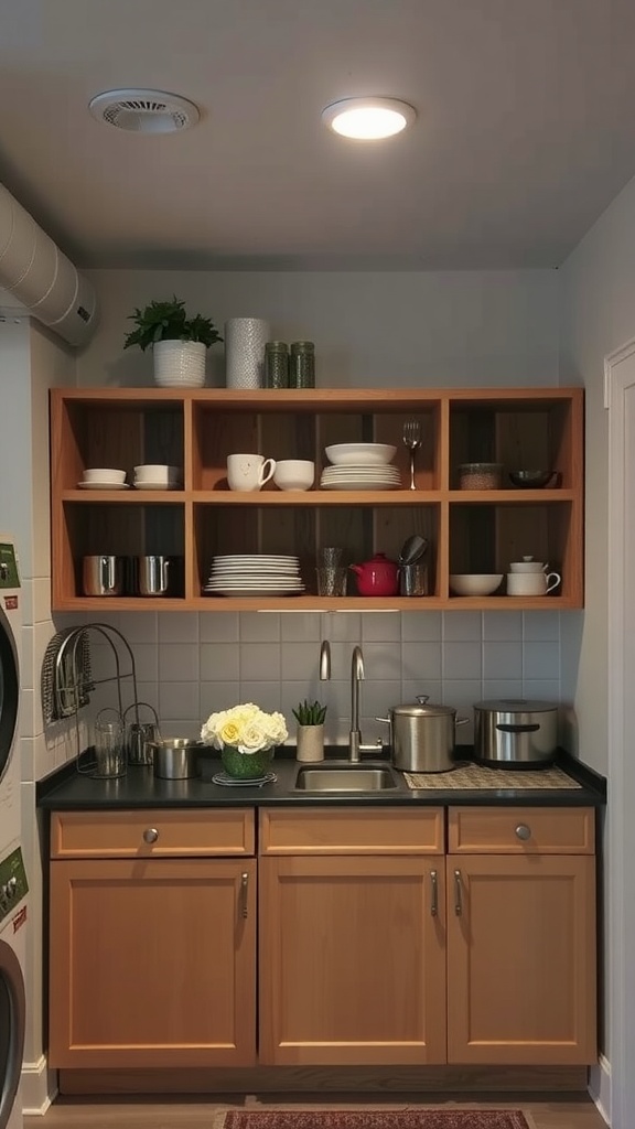 A basement kitchenette with open shelving displaying dishes and plants.