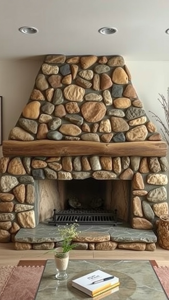 Stone fireplace with a wooden mantel, featuring a rustic design and natural stone elements