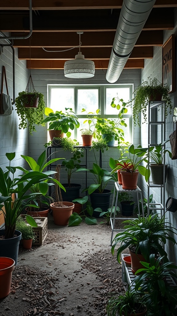 A cozy indoor garden in a basement with various plants and natural light.