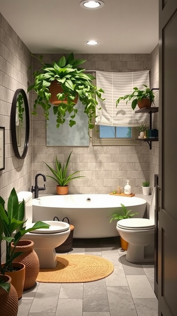 A cozy basement bathroom with large potted plants, a modern bathtub, and natural decor elements.