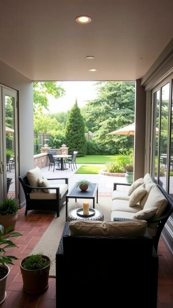 A cozy outdoor-inspired patio area with comfortable seating and a view of a green garden.