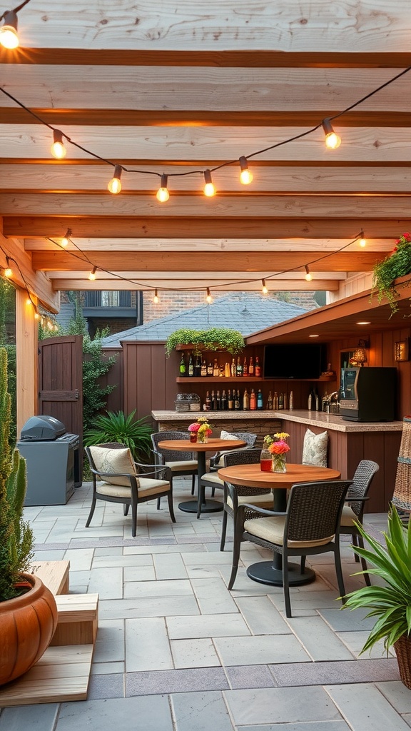 A cozy outdoor patio bar with wooden beams, string lights, comfortable seating, and a well-stocked bar area surrounded by plants.