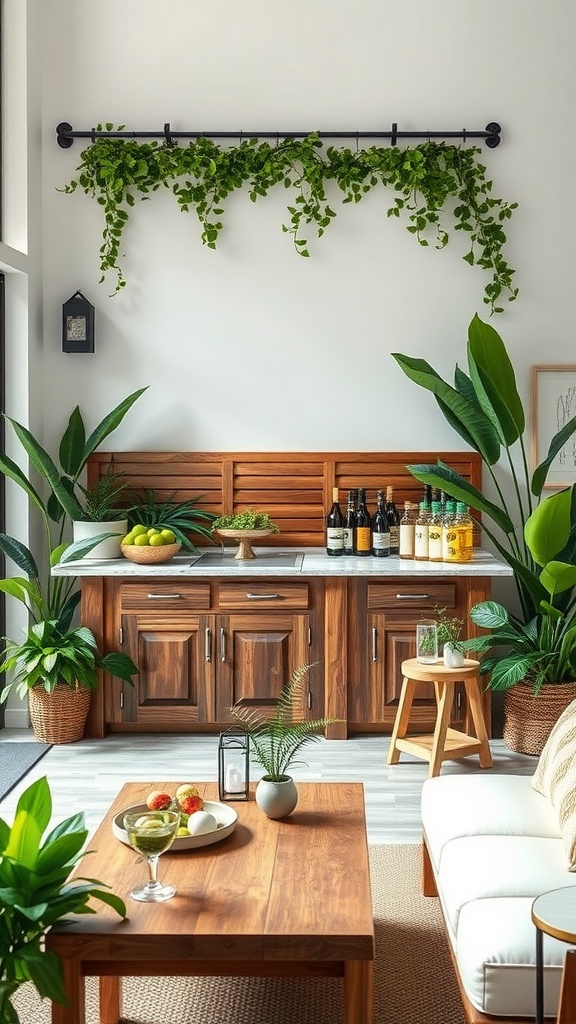 An outdoor-inspired wet bar with wooden cabinetry, plants, and drinks, creating a cozy atmosphere