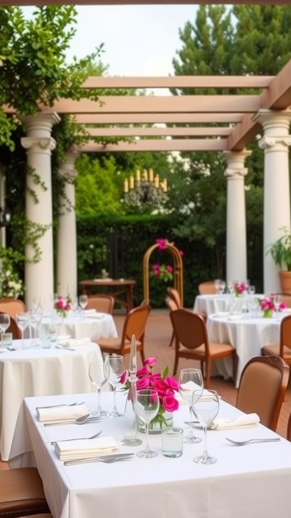 An elegant outdoor dining setup with white tablecloths, pink flower centerpieces, and a beautiful pergola.