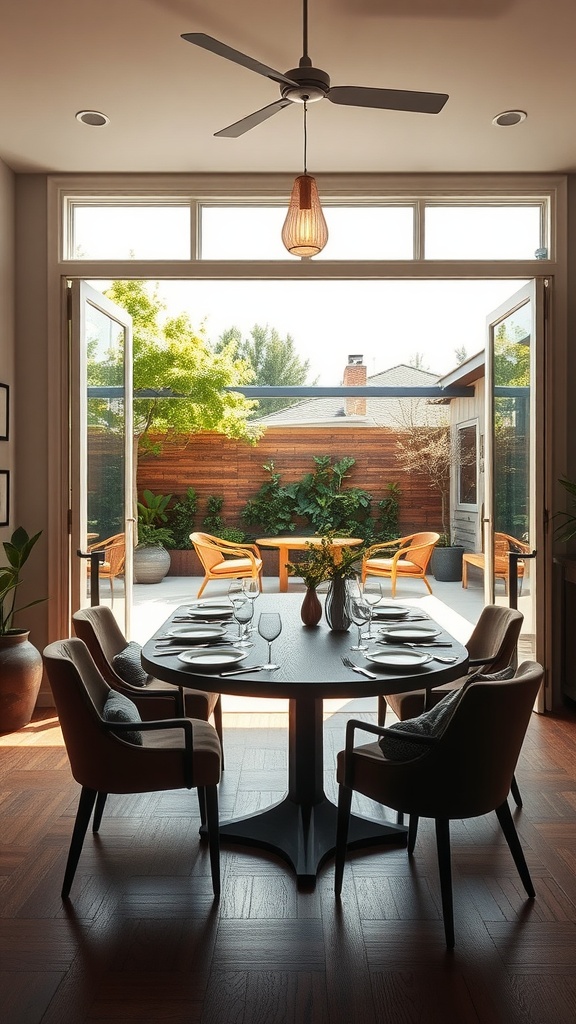 An elegant dining room with open doors leading to an outdoor seating area, showcasing a round table and stylish chairs.