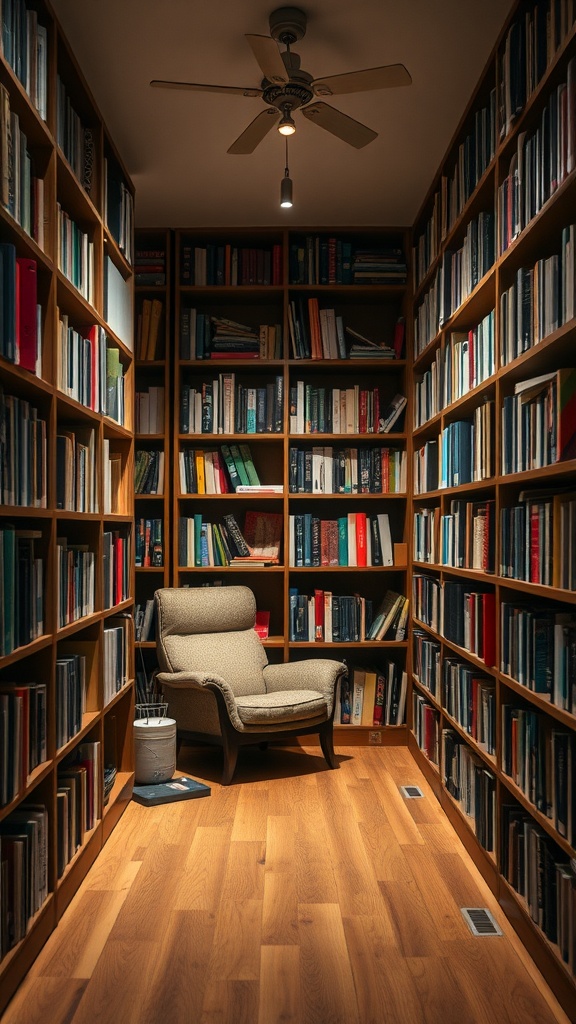 A cozy personal library in a small basement with bookshelves, an armchair, and soft lighting.