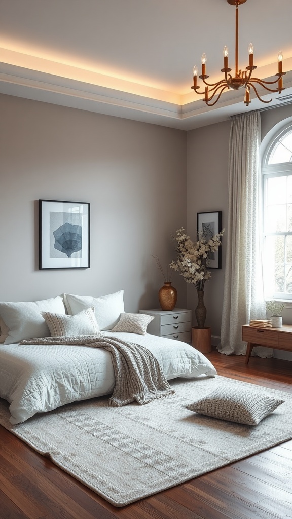 A cozy bedroom with soft tones, a plush bed, and elegant decor.