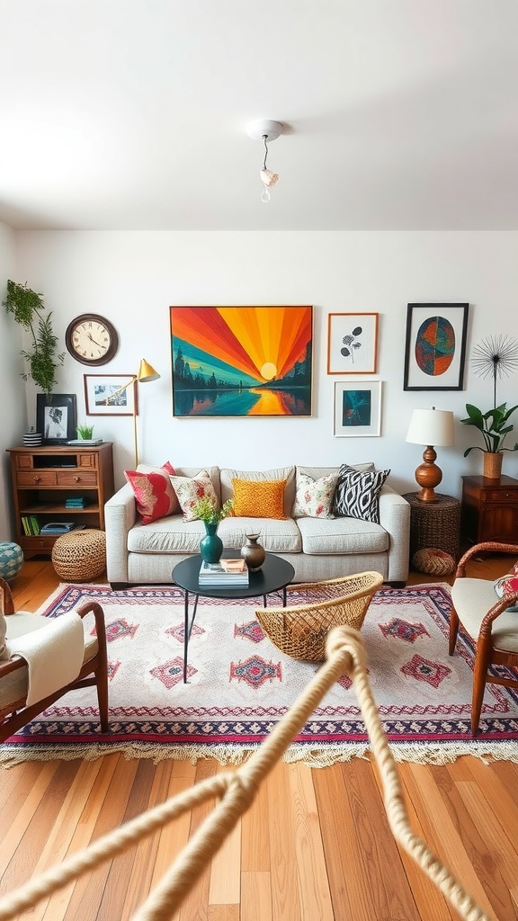 A modern boho living room featuring a colorful artwork, cozy sofa with patterned cushions, wooden furniture, and a decorative rug.