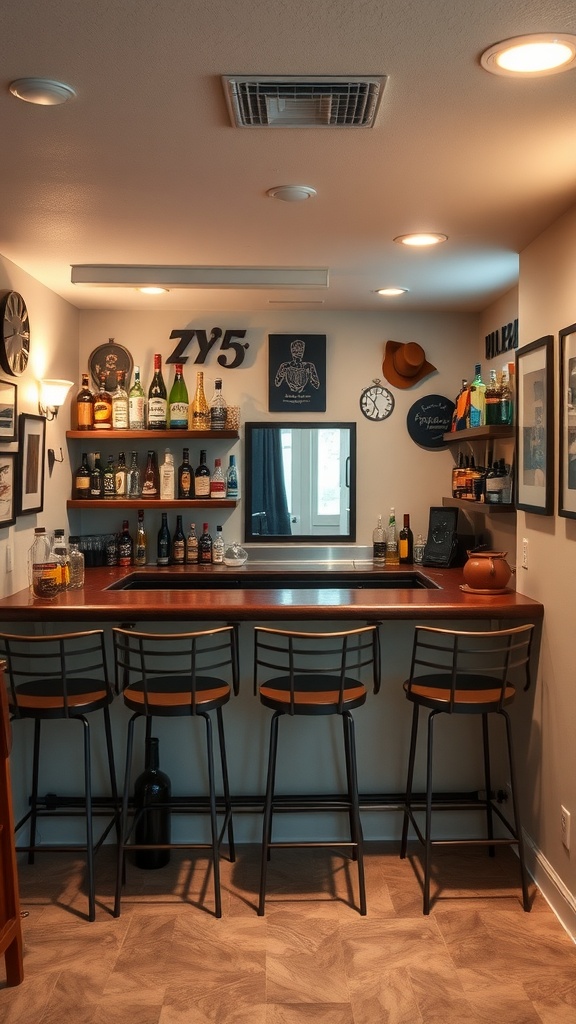 A cozy personalized bar area featuring a wooden countertop, black stools, and shelves lined with various liquor bottles