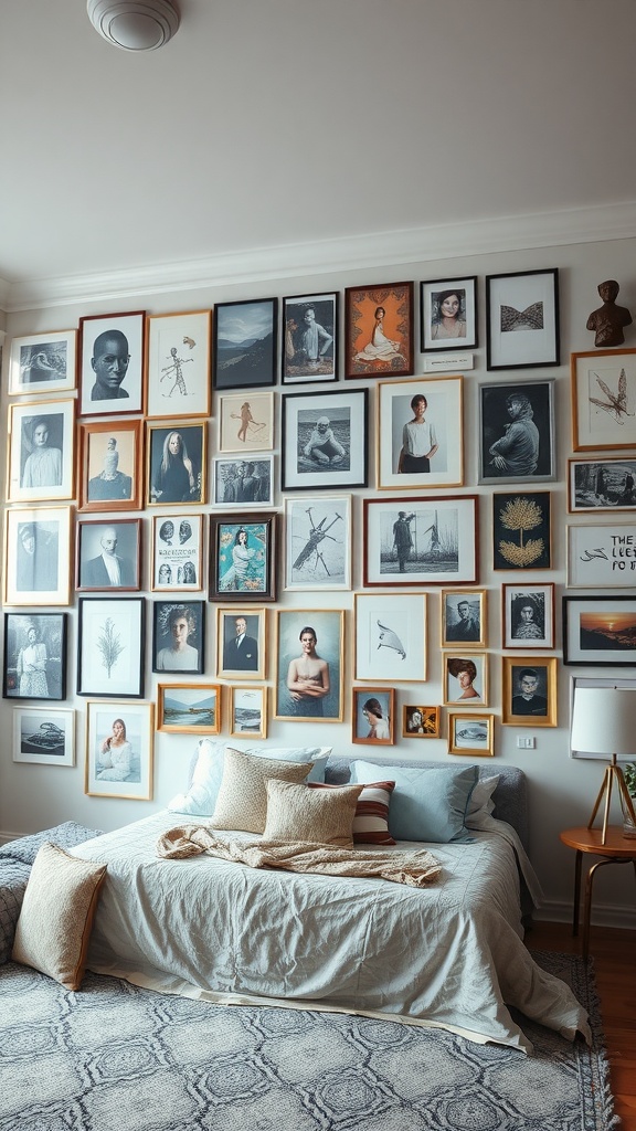 A well-arranged gallery wall featuring various framed pictures above a bed in a stylish bedroom.