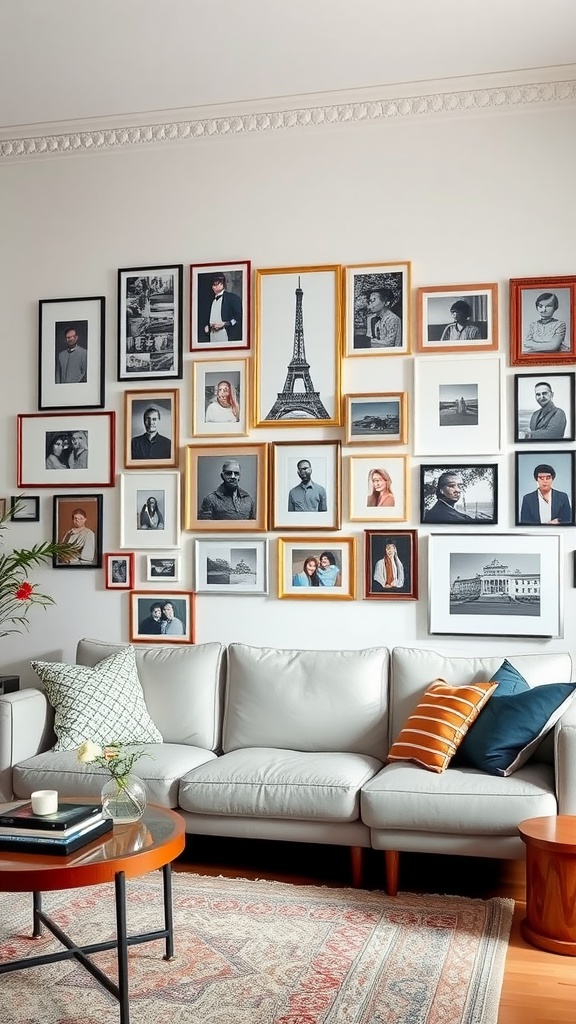 A cozy living room featuring a gallery wall with a variety of framed photos and artwork.