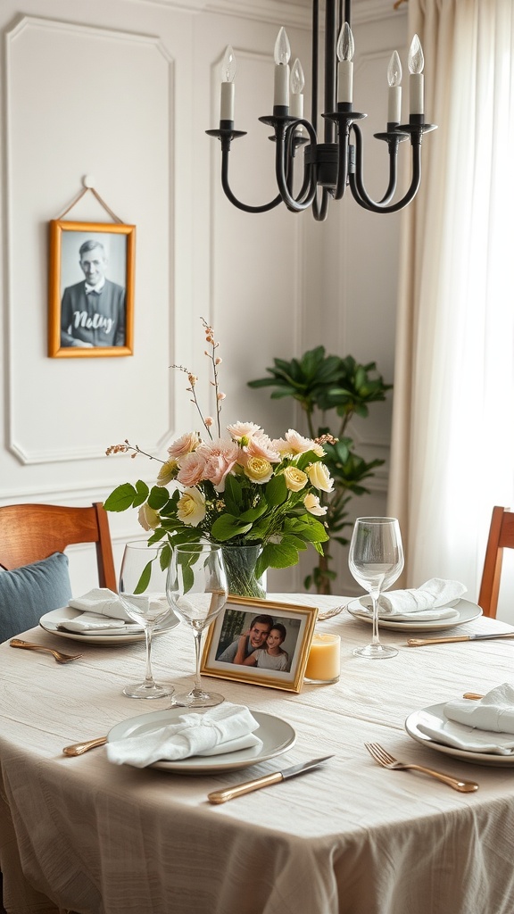 A dining table set with flowers, glassware, and a framed photo, showcasing a cozy atmosphere.