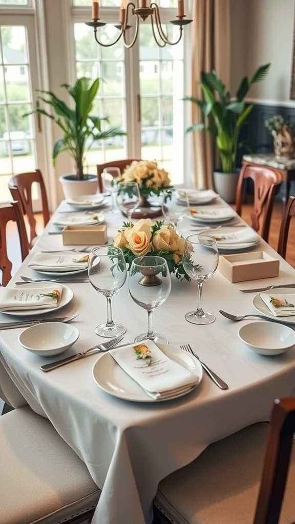 A beautifully set dining table with elegant tableware and floral centerpieces.