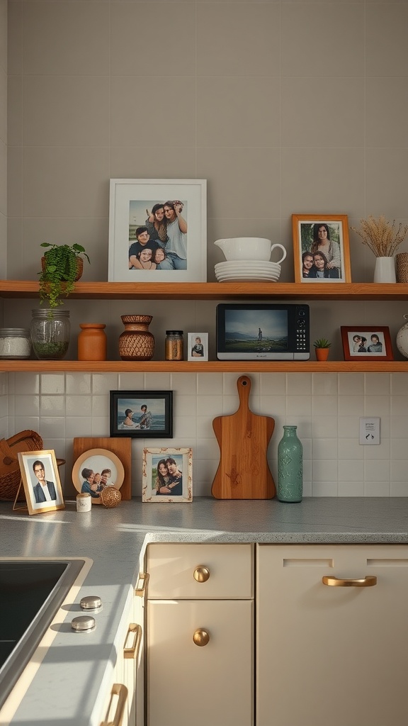 A cozy kitchen with shelves displaying family photos, plants, and decorative items.