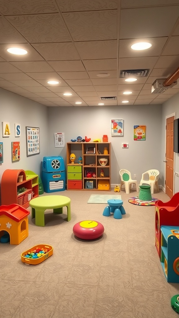 A colorful kids' playroom with toys and furniture in a basement setting