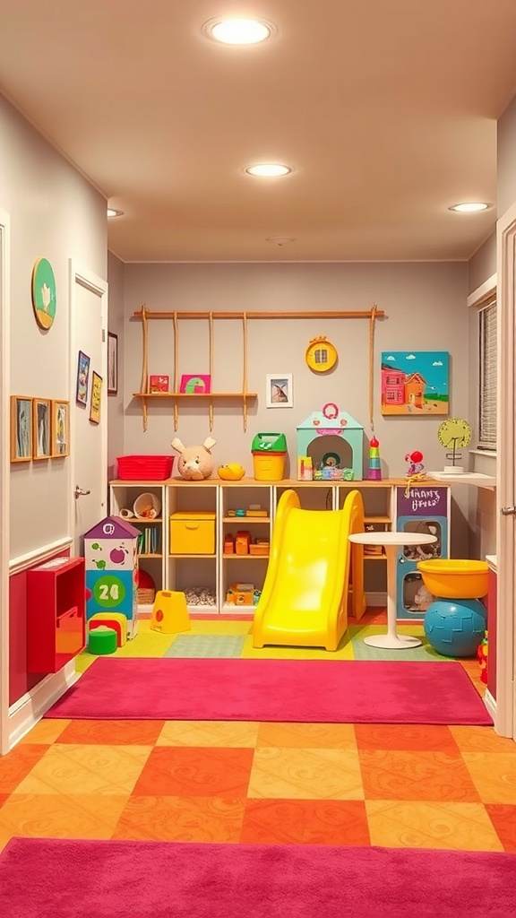 A colorful and playful kids' zone in a small basement featuring a slide, colorful rugs, and organized toy storage.
