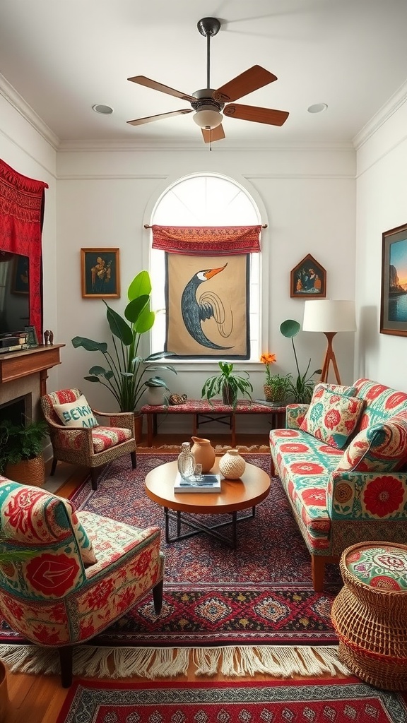 A cozy modern boho living room featuring colorful patterned furniture, a vibrant area rug, and plants.