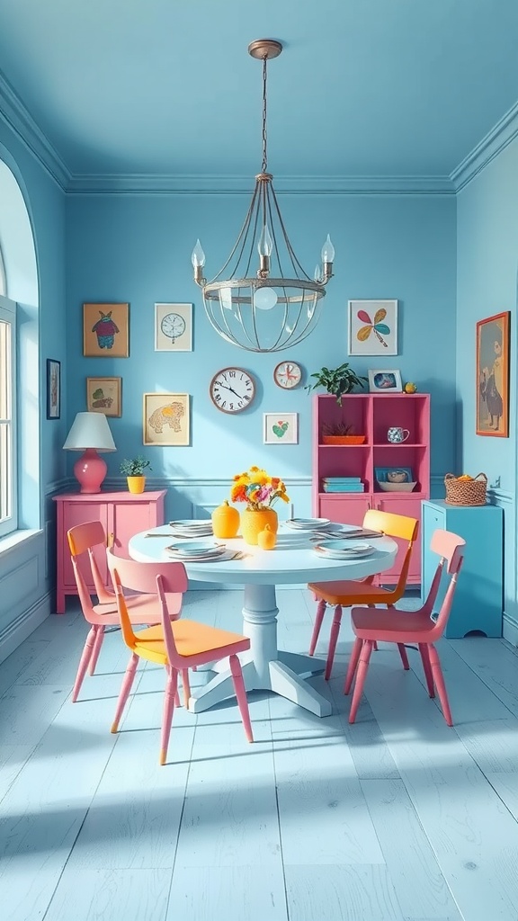 A dining room featuring sky blue walls, colorful chairs, and bright decor, creating a playful and inviting atmosphere.